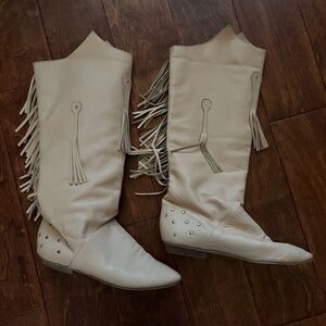 Fringe Beige Leather Boots